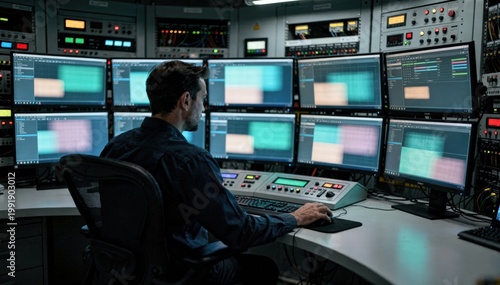 Operator observing digital SCADA screens in a control panel room analyzing realtime data flows and system performance trends to ensure operational stability.