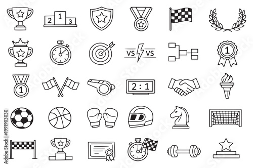 sports awards competition trophies medals championship tournament editable line icons