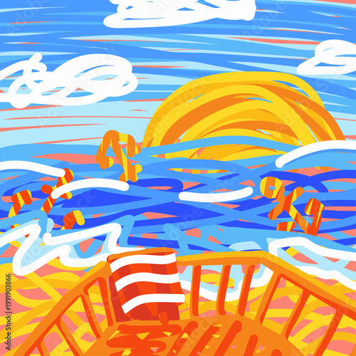 View to summer landscape of blue ocean or sea coast with white tides and anchors, sandy beach, setting orange sun and white clouds from wooden balcony with towel drying on rails; vector illustration