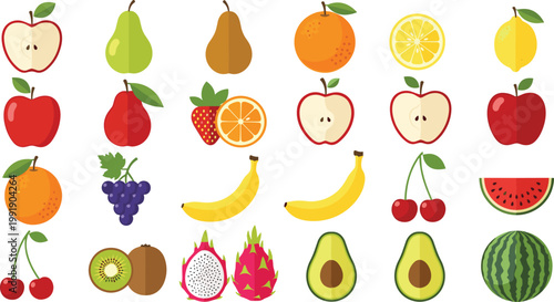 Colorful Fresh Fruit Icon Set Featuring Apple Banana Orange Pear Strawberry Grapes Kiwi Avocado Watermelon and Exotic Fruits for Healthy Food Illustration Design.