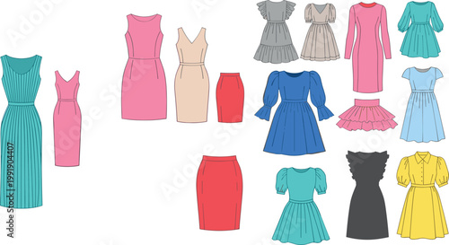 Comprehensive collection of women's fashion garment technical sketches including various dress styles skirts cocktail wear and evening outfits for apparel design and retail manufacturing