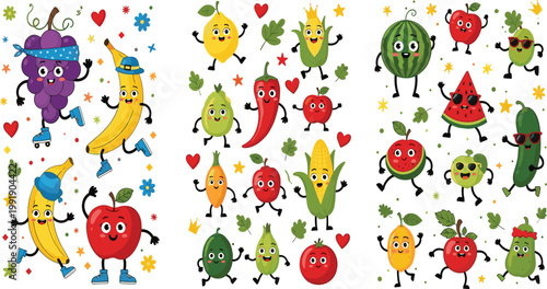 Large set of cute kawaii fruit and vegetable characters with faces arms and legs wearing hats and sunglasses for children stickers and healthy food designs.