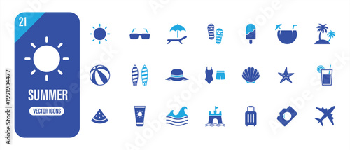 Summer Vacation Icon Set Collection – Beach Holiday Flat Icons