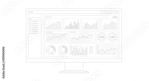 Infographic dashboard, business data visualization, computer screen, vector graphs