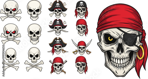 Large collection of pirate skull mascot illustrations featuring crossbones swords red bandanas and tricorne hats for gaming esport logos and nautical tattoo designs vector set.