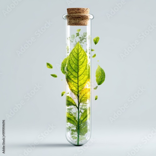 Green Leaf in Test Tube, Sustainable Science Concept