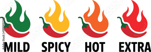 Spice Level Icons Set, Mild, Spicy, Hot, and Extra, with chili pepper and flame symbols, vector food heat indicator icons for restaurant menu labeling and seasoning level design.