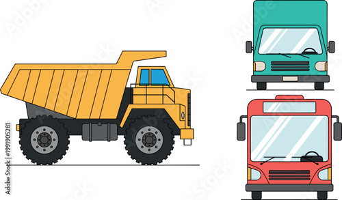 Set of Truck and Bus Icons Including Dump Truck, Delivery Van, and City Bus in Bright, Minimalist Design