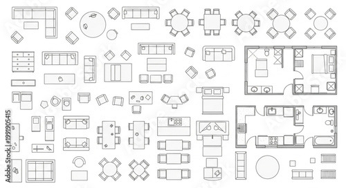 Collection of Architectural Floor Plans and Furniture Layouts.