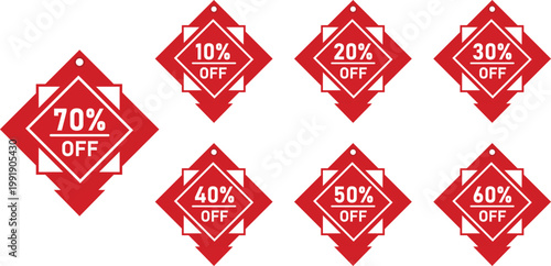 Red Diamond Shape Percentage Off Discount Sale Price Tag Label Set