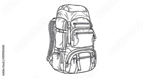 Hiking Backpack Illustration: Detailed Line Art of Outdoor Gear