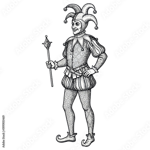 Medieval Jester in Costume Holding Scepter, Vintage Ink Drawing