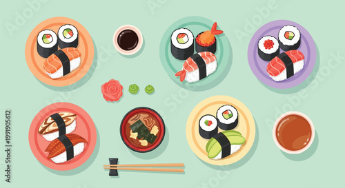 A vibrant and colorful overhead illustration of various sushi dishes, including nigiri and maki rolls, served with soy sauce and miso soup.