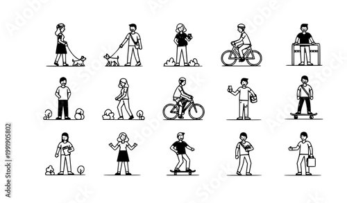 Minimal summer activity people icons grid with walking dogs cycling and skateboarding characters in pastel flat style isolated on white