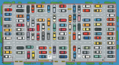 Aerial view of a full parking lot with many cars.