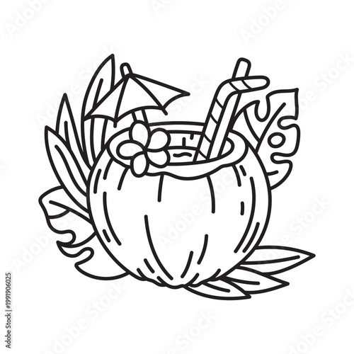 Pina colada, coconut, tropical cocktail with flower and umbrella. Tropical palm leaves. Coloring page, black and white vector illustration, line art.