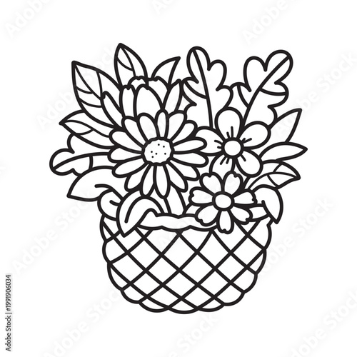 Wildflowers in a basket, bouquet. Spring and summer flowers. Coloring page, black and white vector illustration, line art.
