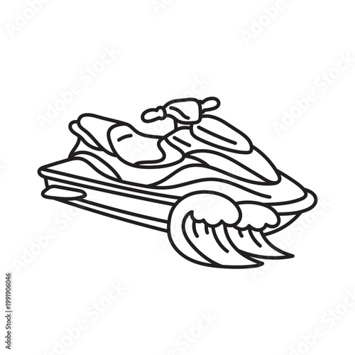 Jet ski and sea waves. Active summer vacation. Coloring page, black and white vector illustration, line art.
