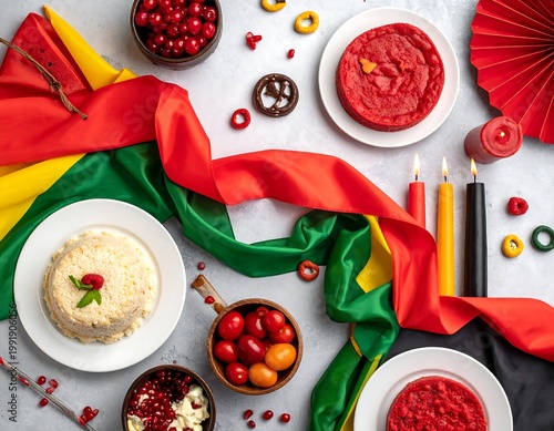 Vibrant Juneteenth celebration with traditional African American foods and symbols.