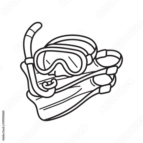 Fins, mask and snorkel for swimming, diving and snorkeling. Coloring page, black and white vector illustration, line art.