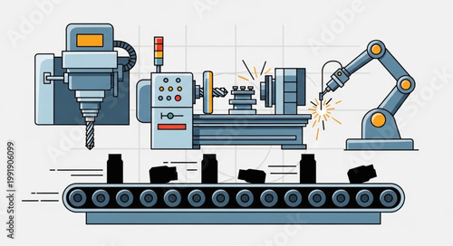 Automated Industrial Manufacturing Production Line with Robotic Arm.