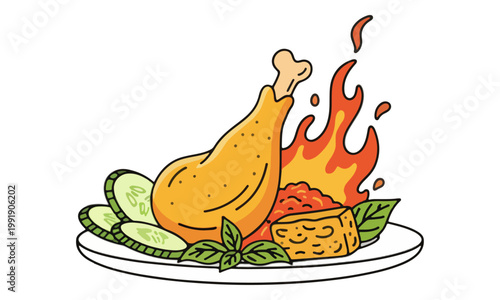 Spicy fried chicken drumstick with sambal and vegetables on plate