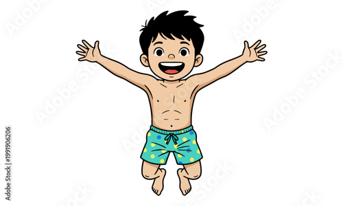 Cartoon boy jumping in swim shorts with arms wide open