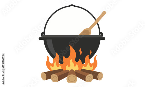 Black cauldron cooking over campfire with wooden spoon