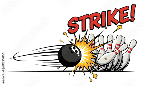 Bowling Ball Hitting Pins with Strike Text Comic Illustration