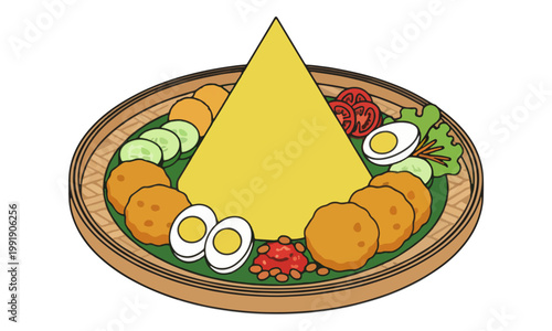 Nasi Tumpeng Indonesian Yellow Rice Illustration on Bamboo Platter
