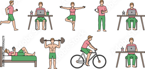 Lifestyle Activity Set Featuring Running, Yoga, Working, and Fitness Illustrations for Wellness and Health Designs
