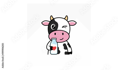 Cartoon cow mascot holding glass bottle of milk illustration