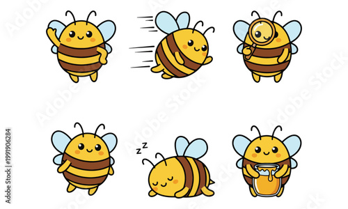 Honey Bee Cartoon Character Set with Various Poses and Actions