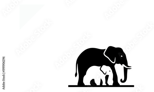 Elephant Mother and Calf Silhouette Logo on White Background