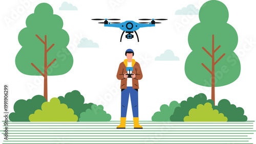Drone Operator in Outdoor Landscape with Trees and Bushes for Aerial Photography and Technology Illustrations