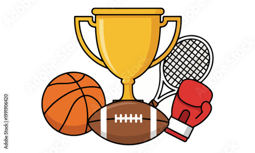 Sports Trophy Cup with Basketball Football and Boxing Glove Icons
