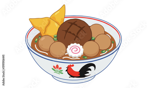 Indonesian Meatball Soup Bakso Illustration in Rooster Bowl