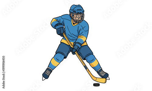 Ice Hockey Player Playing with Puck Illustration Isolated on White