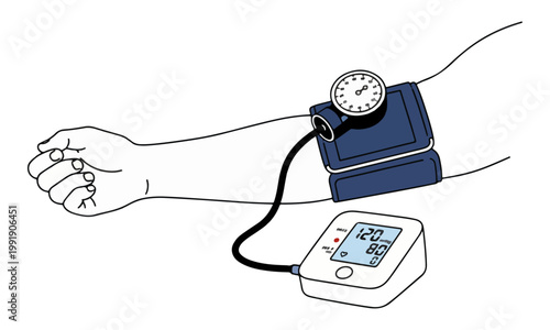 Blood pressure monitor measuring arm with digital display vector
