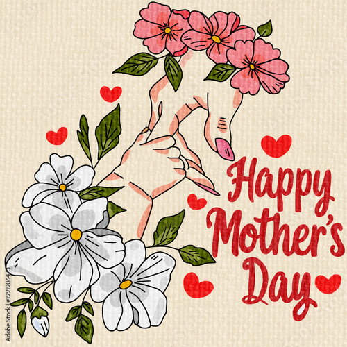 Line Art Mother Child Hand Holding Finger Floral Hearts Mothers Day Card