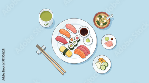 A delightful assortment of Japanese sushi and sashimi, served with traditional accompaniments like miso soup and green tea.