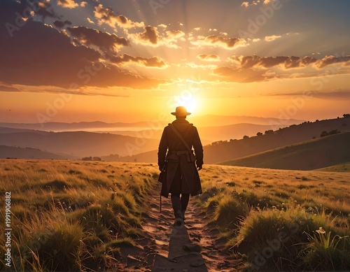 Person walking on a path towards a Juneteenth celebration at sunset