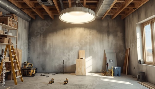 A spacious, well-lit workshop or garage with concrete walls, wooden ceiling beams, and organized tools is ready for projects.