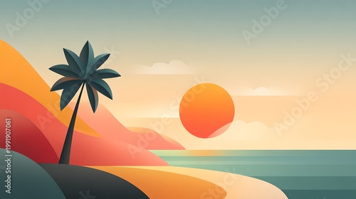 A minimalist illustration captures a serene coastal scene at sunset, with a silhouette of a palm tree and the sun reflecting on the sea