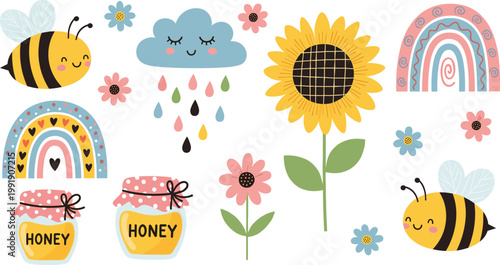 Cute Bee and Flower Cartoon Set with Honey Jars Rainbow Sunflower Cloud and Rain Elements for Kids Design Nursery Decor and Kawaii Illustration.