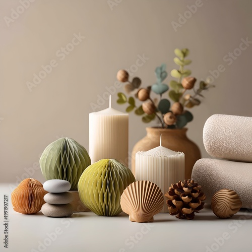 Still life composition with candles, decorations and flowers creating a cozy and inviting atmosphere. Featuring an array of decor elements including candles, small wood objects and a vase of flowers 