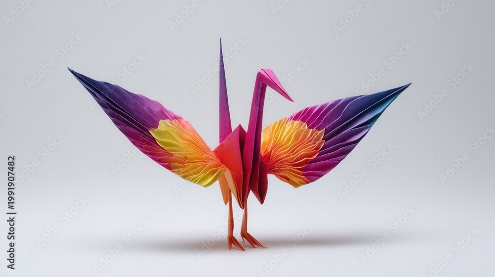 Fototapeta premium Colorful origami bird with vibrant folded paper wings isolated on minimal clean background