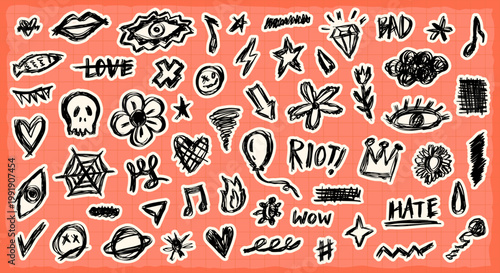 ink scrabble drawing pen doodle shape hand-drawn vector illustration collection set