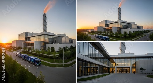 Industrial factory complex with smokestack.