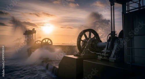 Industrial harbor at sunrise with steam.